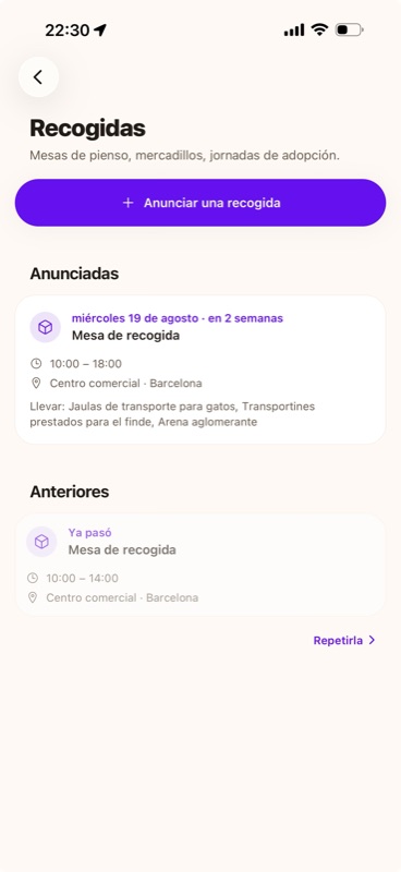 La pantalla de recogidas con una mesa anunciada: día, horario, sitio y qué llevar